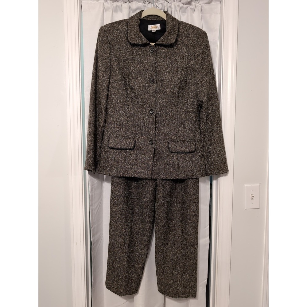 Talbots 2-Piece Brown Tweed Herringbone Pant Suit‎ Size 6 Preppy Academia Office